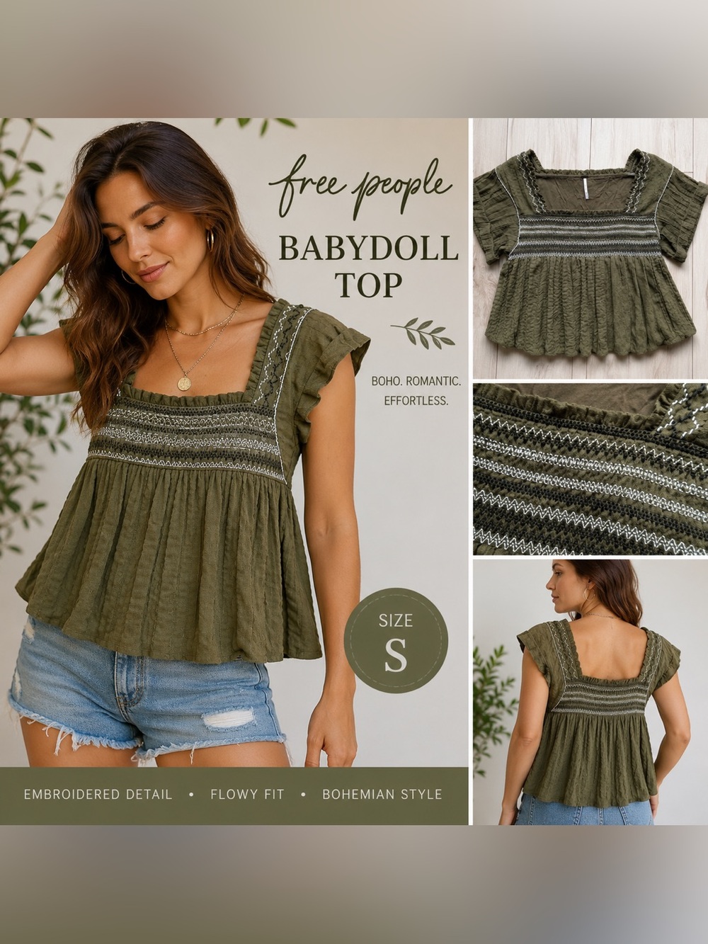 Free People Olive Green Embroidered Babydoll Top Boho Peasant S